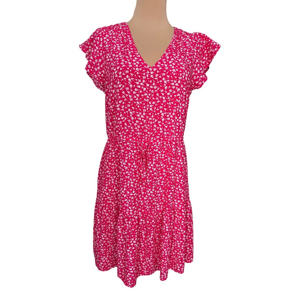 Gap Pink White Floral Dress Women’s M V-Neck Flutter Sleeve Tiered Midi